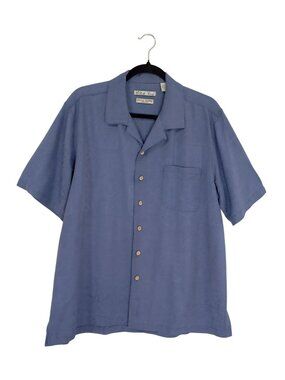 Batick Bay Mens 100% Silk Blue Short Sleeve Button-Up Shirt Size Large